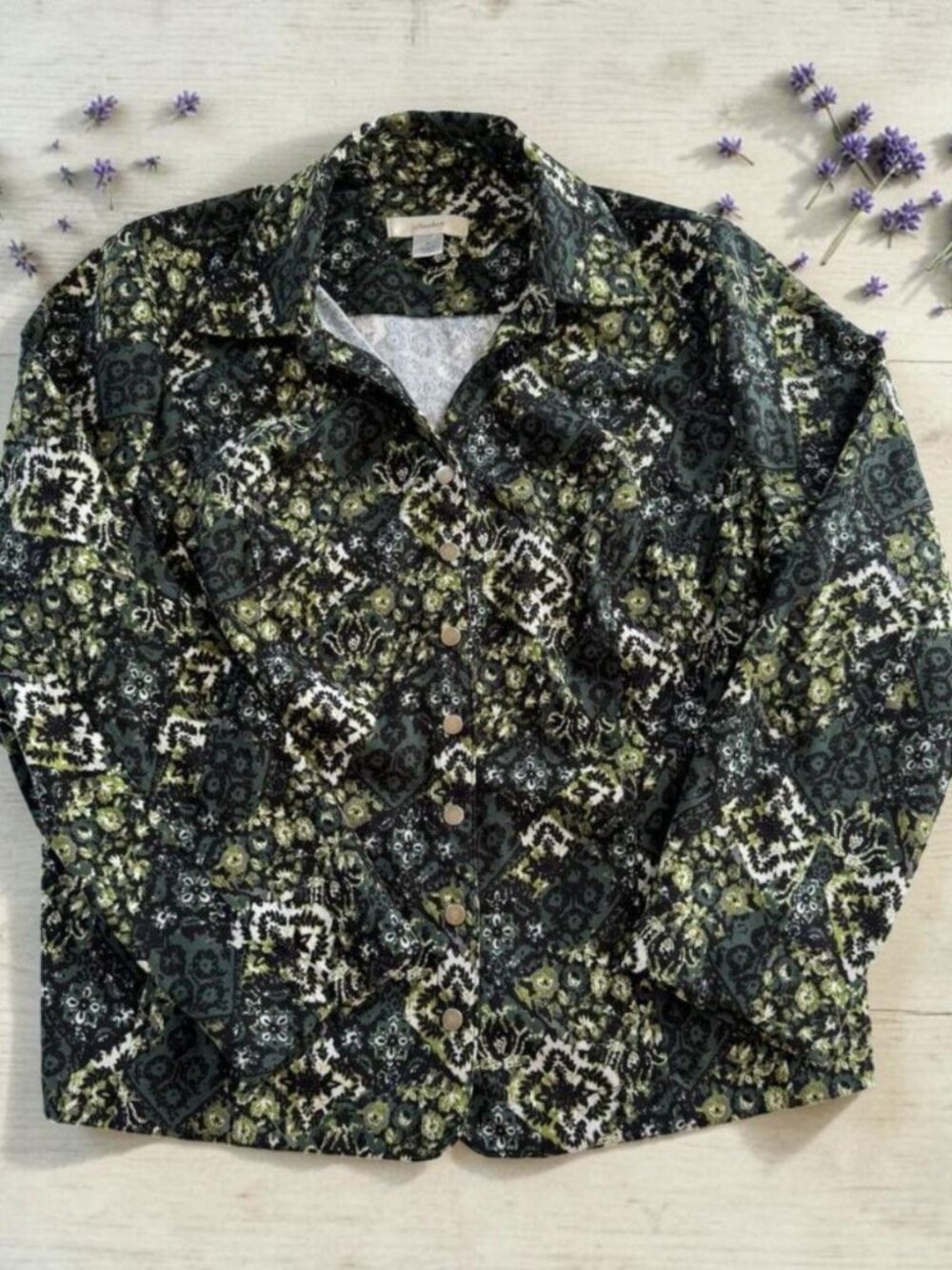 CJ Banks Womens Shirt Jacket XL Green Floral Snap Front Suede Feel